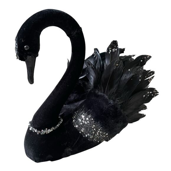 Bella Lux 14" Black Swan Figurine With Feathers & Sequins Chic Halloween Decor - Picture 5 of 16